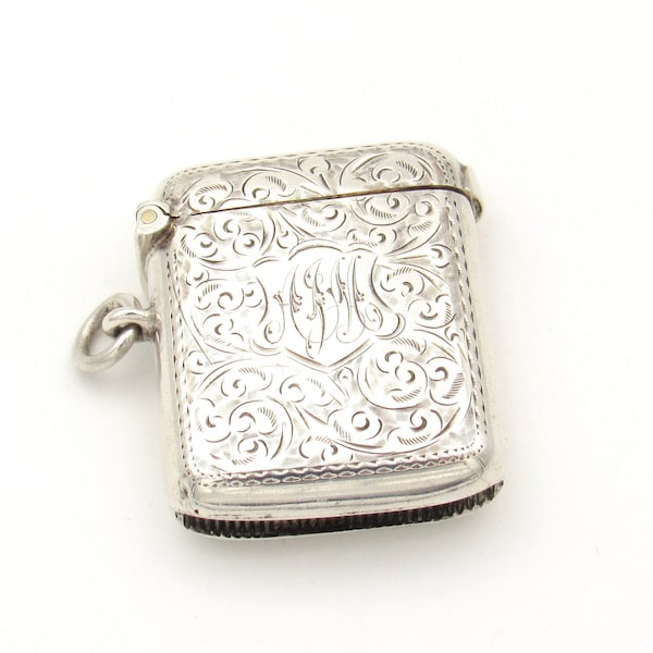 Antique Sterling Silver Match Safe Pendant Fob | Edwardian Silver Vesta Striker  | English Hallmarked AJM Monogram Silver Smoking Accessory