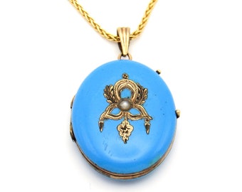 Victorian 14K Gold Blue Enamel Locket Necklace | Antique Robin's Egg Blue Oval Seed Pearl Locket | Engraved Floral Enamel Photo Locket