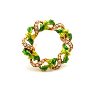 Antique 14K Gold Wreath Brooch | Victorian Seed Pearl Enamel Circle Pin