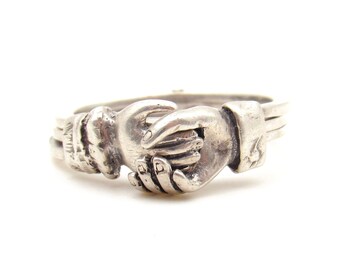 Vintage Sterling Silver Fede Gimmel Ring | Hinged Three Band Hands and Heart Ring | Vintage Love Token Promise Ring