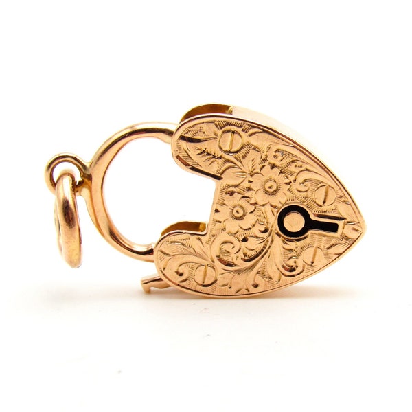 Vintage 15K Rose Gold Heart Padlock Pendant Charm | Solid Gold Engraved Heart Bracelet Lock Pendant |