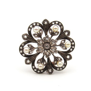 Edwardian Rose Cut Diamond Pearl Brooch | Antique Silver Topped 14K Gold Floral Pin
