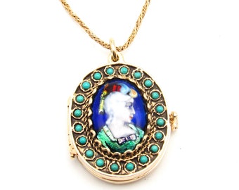 Vintage 14K Gold French Enamel Portrait Locket Necklace | Turquoise Mid-Century Photo Locket