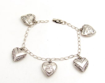 Vintage Sterling Silver Heart Charm Bracelet | Sterling Puffy Heart Forget Me Not Bracelet | Silver Heart Charm Bracelet US Navy Charm