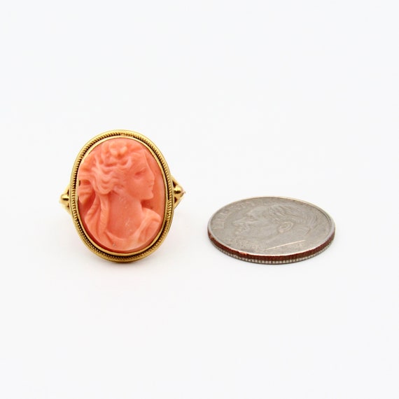 Antique 14K Gold Coral Cameo Ring | Edwardian Sol… - image 7