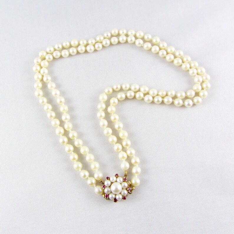 Vintage Pearl Necklace 14k Gold Ruby Clasp Double Strand Etsy