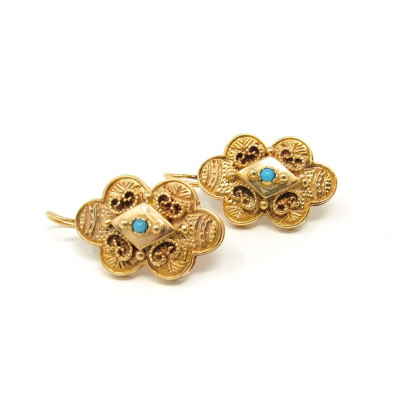 Victorian 14K Gold Turquoise Earrings | Etruscan … - image 1