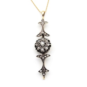 Antique Victorian Rose Cut Diamond Pendant Necklace, 14K Gold Silver Top Floral Brooch Conversion