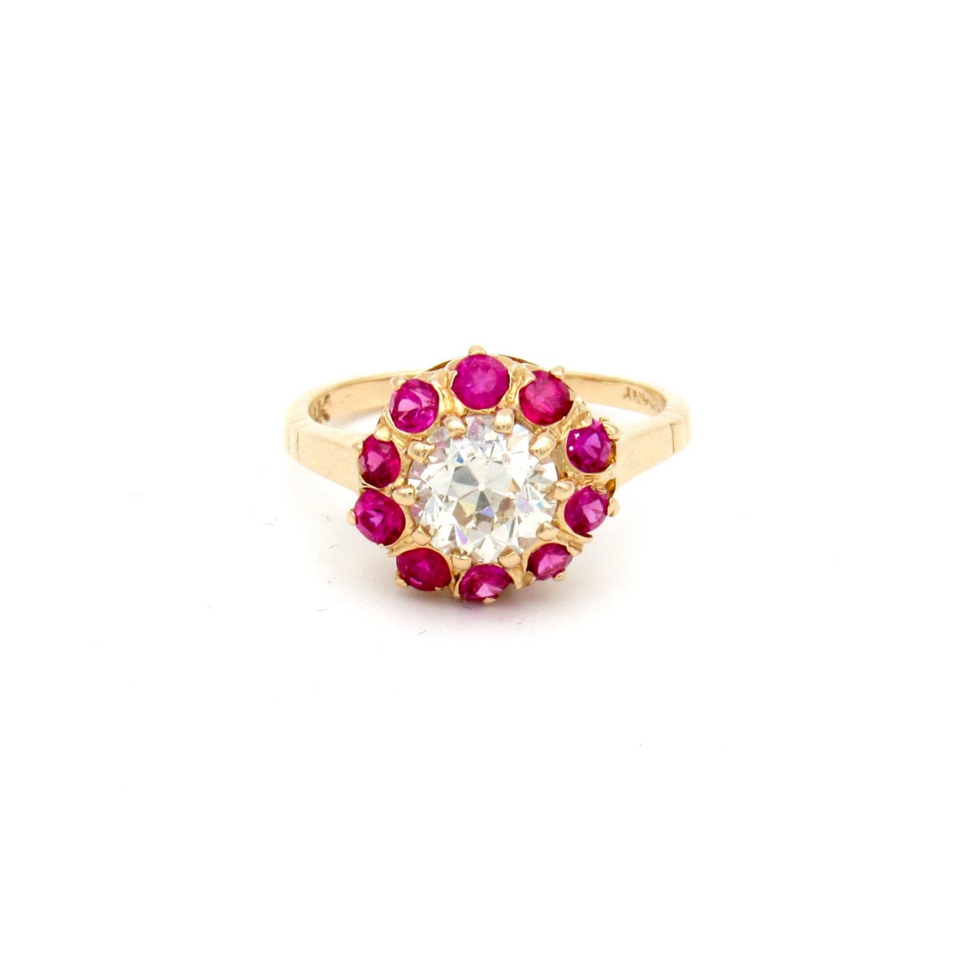 Antique 14K Gold Diamond Ruby Halo Ring | 1.32 Carat Old European Cut ...