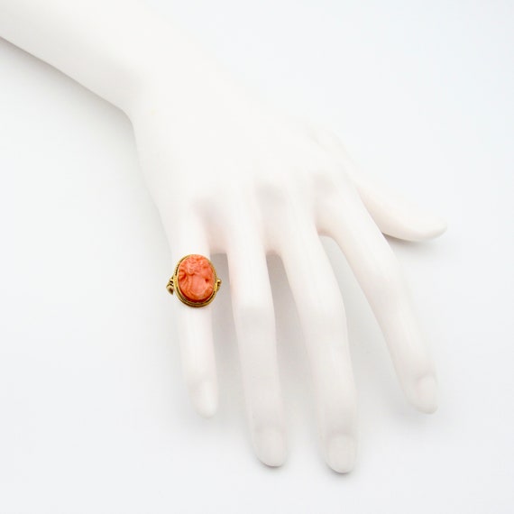 Antique 14K Gold Coral Cameo Ring | Edwardian Sol… - image 9