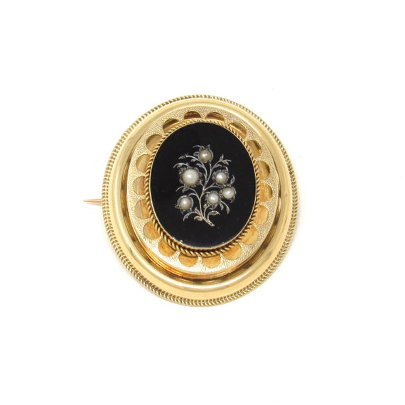 Victorian 14K Gold Onyx Brooch | Seed Pearl Floral Mourning Pin