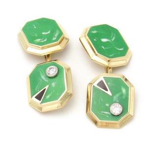 Art Deco 14K Gold Diamond Enamel Cufflinks | Antique Solid Gold Double Sided Cufflinks | William Huger & Co. Diamond Cufflinks