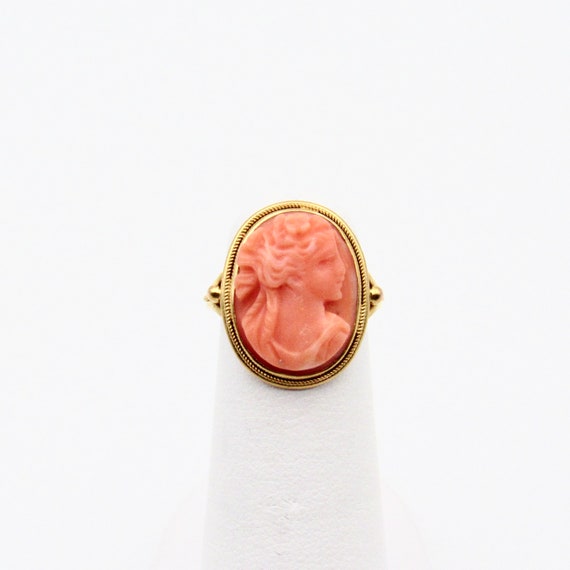 Antique 14K Gold Coral Cameo Ring | Edwardian Sol… - image 8