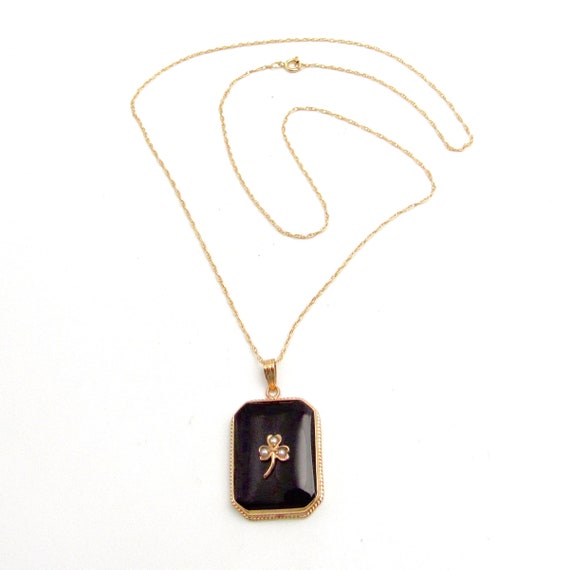 Art Deco 10K Gold Onyx & Seed Pearl Pendant | Ant… - image 2