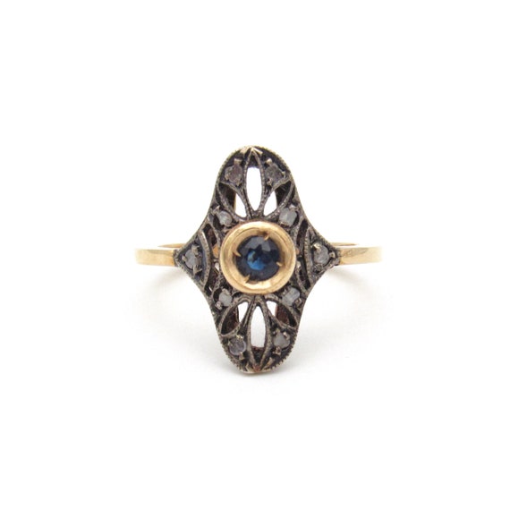 Vintage Gold Sapphire & Diamond Statement Ring | … - image 1