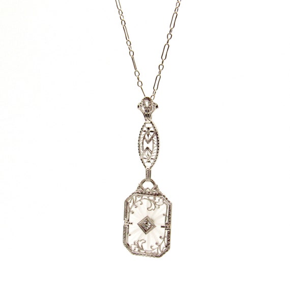 Art Deco 10K Gold Camphor Glass Diamond Necklace … - image 9