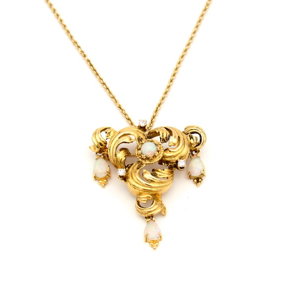 ヴィンテージ 14K ゴールド オパール ダイヤモンド ブローチ 