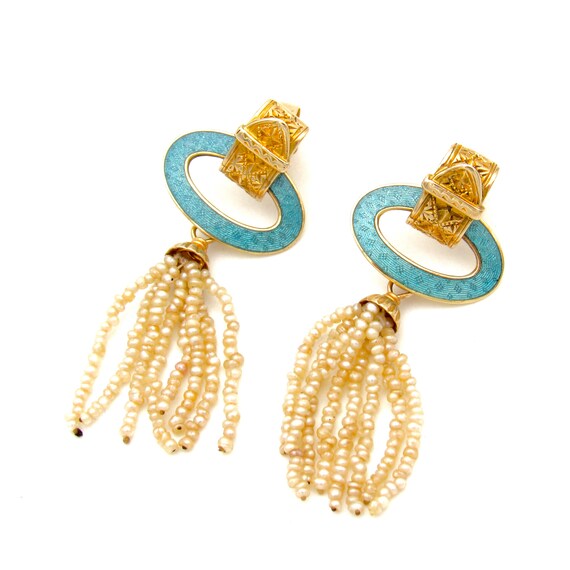 Antique 14K Gold Art Deco Buckle Earrings | Blue Guilloche  display picture 2