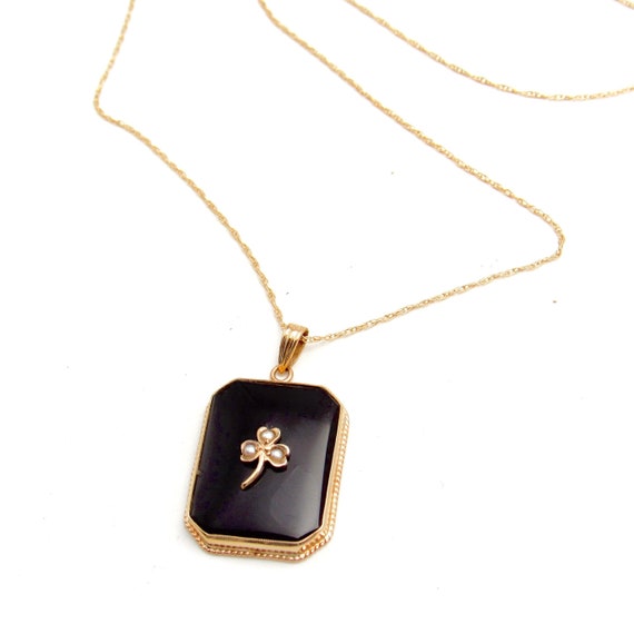 Art Deco 10K Gold Onyx & Seed Pearl Pendant | Ant… - image 1