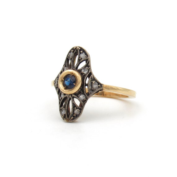 Vintage Gold Sapphire & Diamond Statement Ring | … - image 2