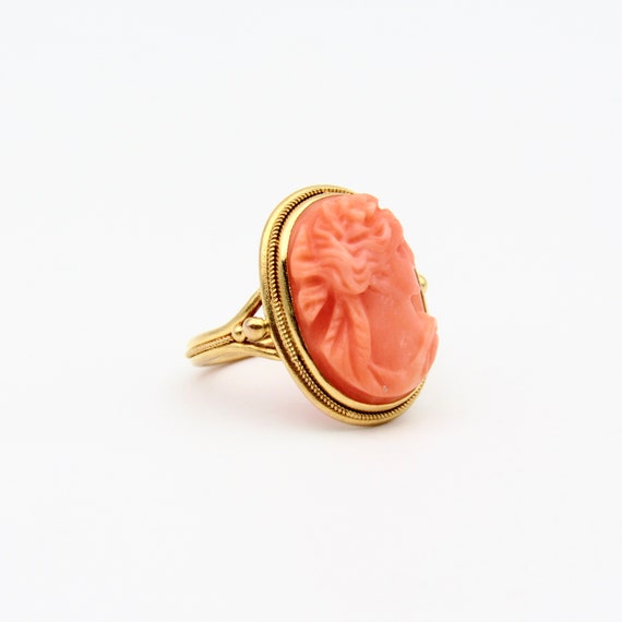 Antique 14K Gold Coral Cameo Ring | Edwardian Sol… - image 3