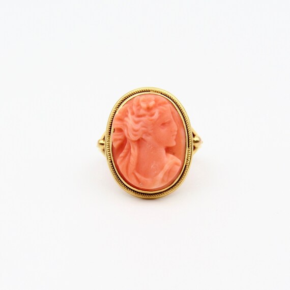 Antique 14K Gold Coral Cameo Ring | Edwardian Sol… - image 1