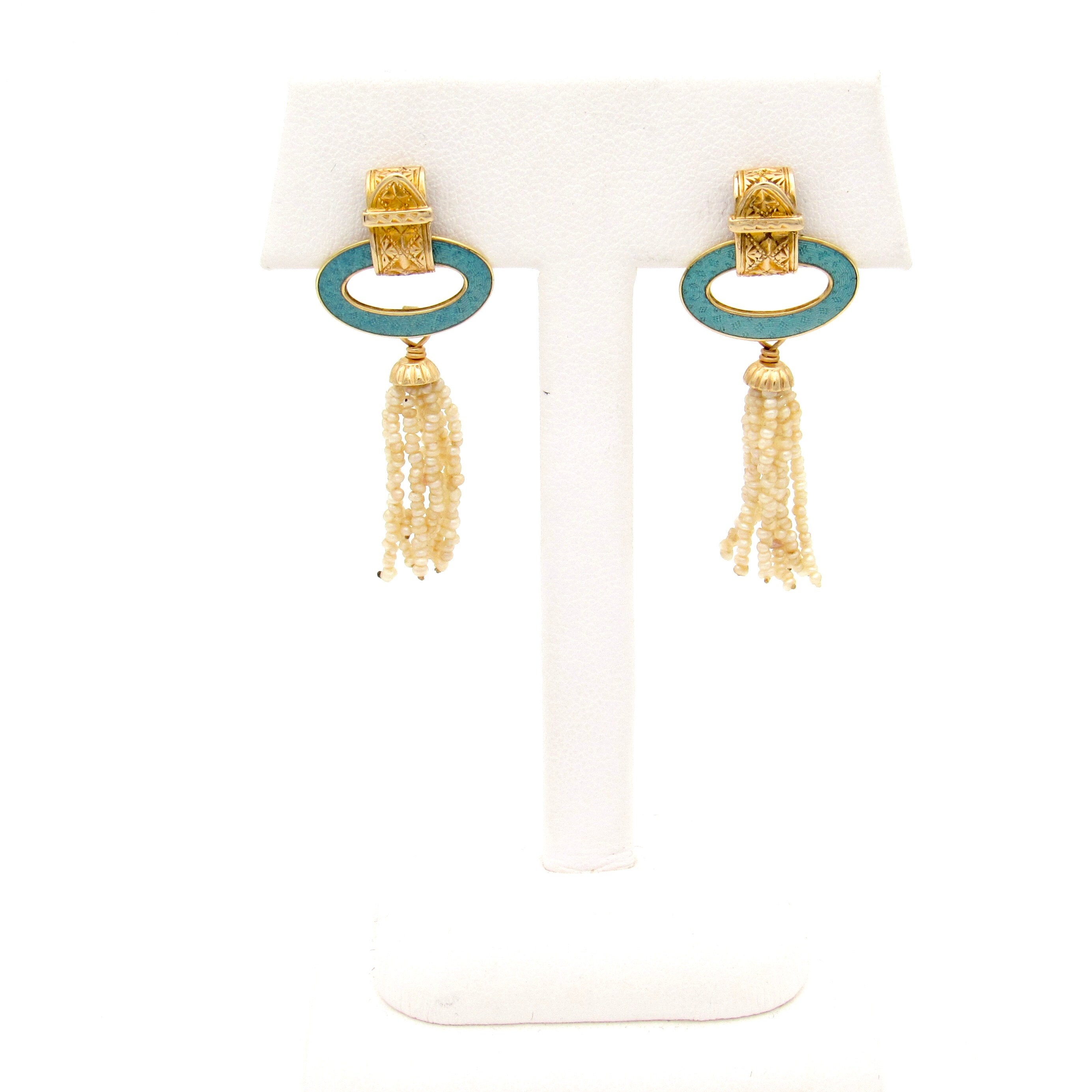 Antique 14K Gold Art Deco Buckle Earrings | Blue Guilloche  display picture 1