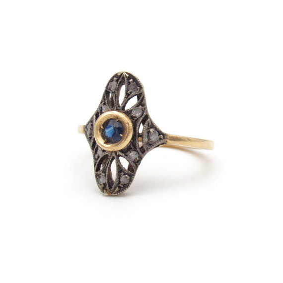 Vintage Gold Sapphire & Diamond Statement Ring | … - image 5