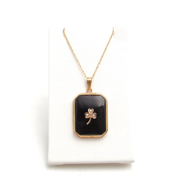 Art Deco 10K Gold Onyx & Seed Pearl Pendant | Ant… - image 3