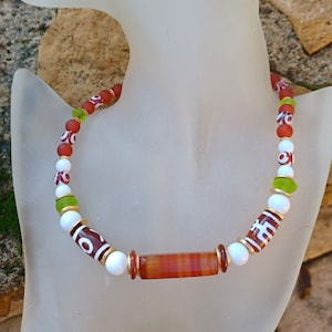 Old Agate Bead Necklace: DZI Carnelian, Venetian & Czech Beads