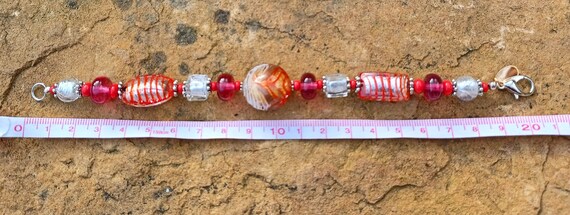 Murano Glass Bead Bracelet: Red, Pink, Silver Foil Venetian  display picture 1