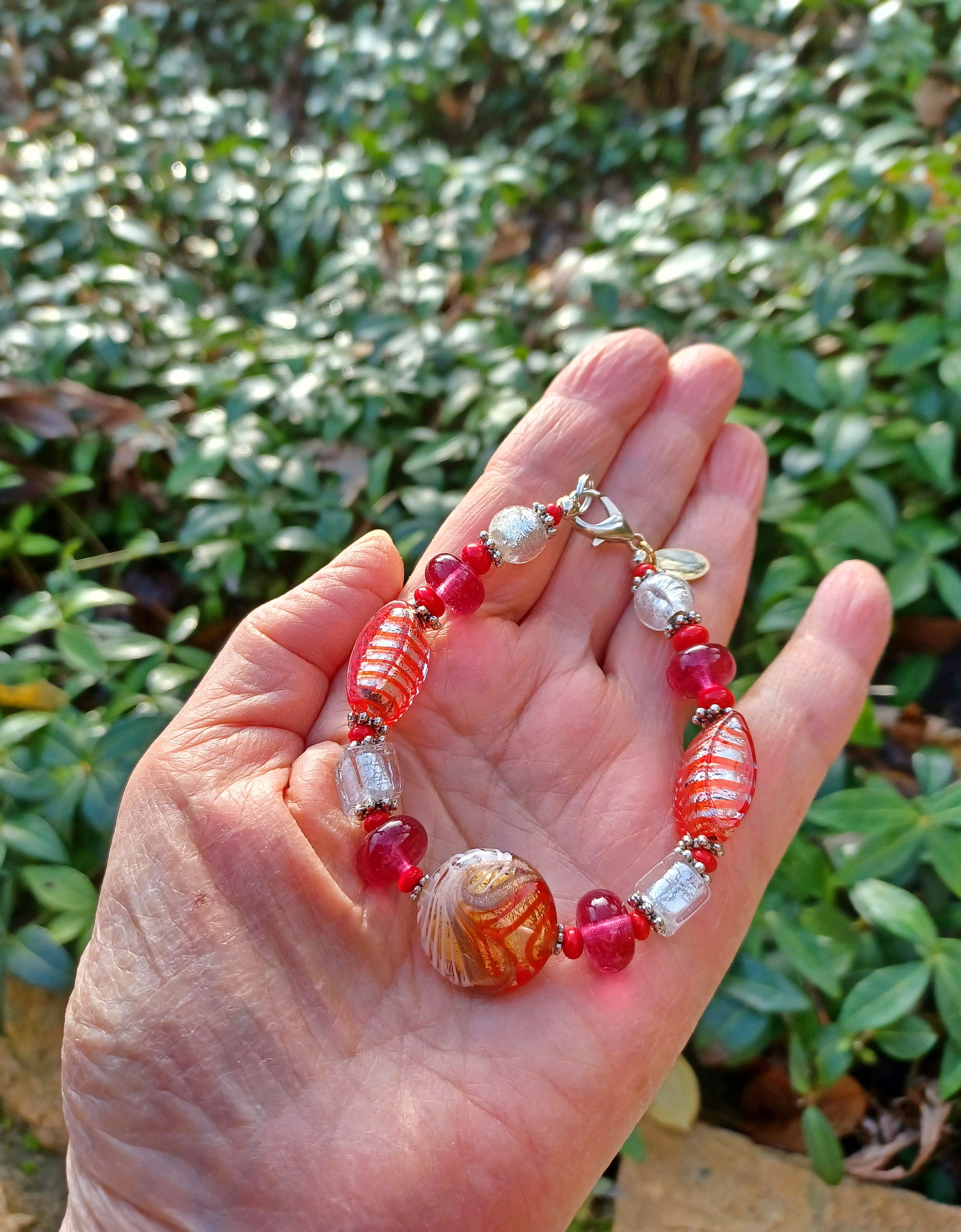 Murano Glass Bead Bracelet: Red, Pink, Silver Foil Venetian 
