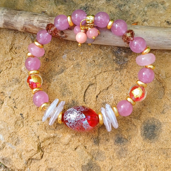 Pink venetian glass bead bracelet, Silver dichroic Murano glass bead, stretch bracelet, the perfect gift for Mother's Day.