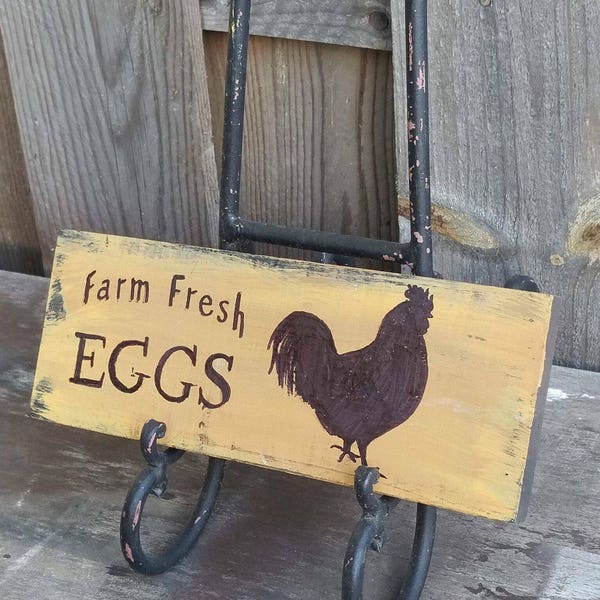 Rustic wood farmhouse fixer upper style chicken and eggs sign