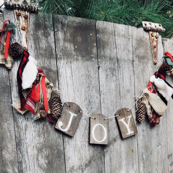 Rustic Christmas joy banner garland for fireplace mantel, farmhouse porch or entryway with twine, fabric, pine cones , wooden JOY