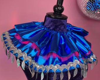 Blue, Blue, Electric Blue Ruff - Party Collar Metallic Sequin Dopamine Dressing Rave Festival Costume Sparkle Shine Clown Diva Psychedelic