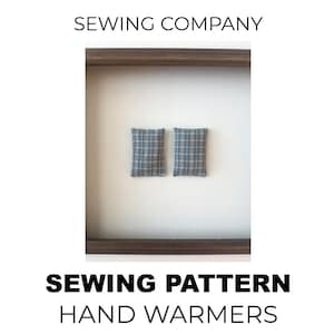 May include: Sewing pattern for hand warmers. Two small, blue and white plaid fabric hand warmers are displayed in a wooden frame. The text "HENRY & WALLY SEWING COMPANY" is at the top of the image. The text "SEWING PATTERN HAND WARMERS" is at the bottom of the image. The text "WWW.HENRYANDWALLY.ETSY.COM ALL RIGHTS RESERVED" is at the bottom of the image.