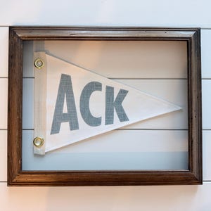 May include: A framed pennant with the word "ACK" in gray letters. The pennant is white and triangular, with gold grommets. The frame is dark brown, and the background is a light blue-gray. The wall behind the frame is white with horizontal lines.