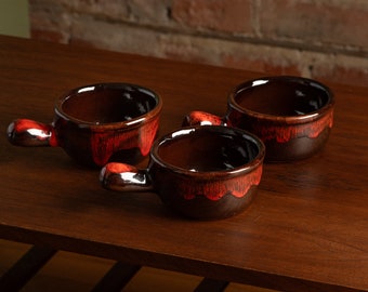 Rare bols à soupe MCM Evangeline Canuck en poterie vintage résistants au four - Lot de 3 glaçage rouge