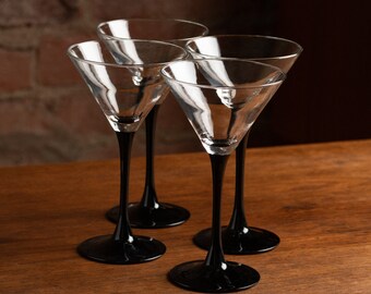 VTG 80s Luminarc Black Stemmed Martini Glasses | Vintage Made in France 1980's (Set of 4)