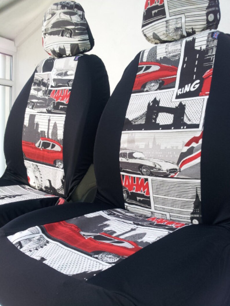 London Pair Of Car Van Front Seat Covers Retro English Design Fit Vw T5