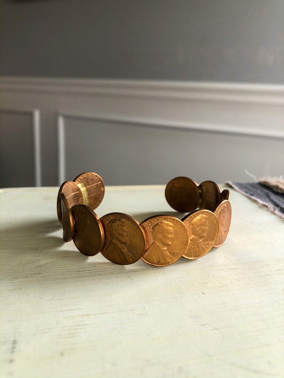 Vintage Copper Penny Cuff Bracelet Wheat Back