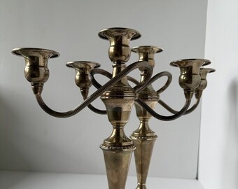 Coppia vintage di candelabri ponderati in argento sterling con corona, candelieri convertibili