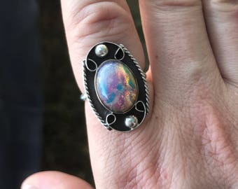 Sterling Silver Antique Created Opal Ring, Vintage Silver Opal Ring, 925 Opal Ring