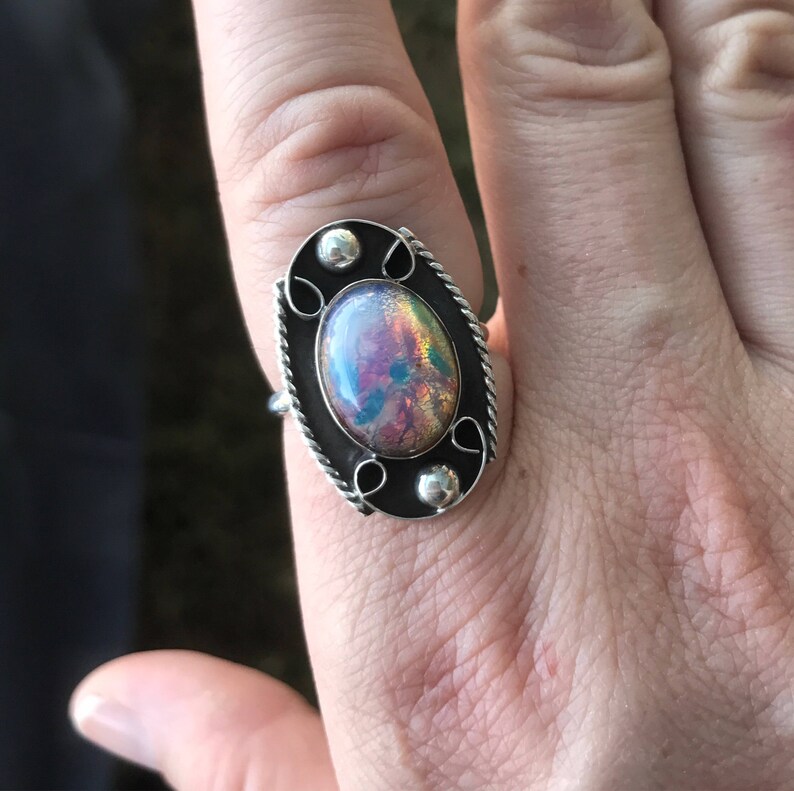 Sterling Silver Antique Created Opal Ring, Vintage Silver Opal Ring, 925 Opal Ring image 1