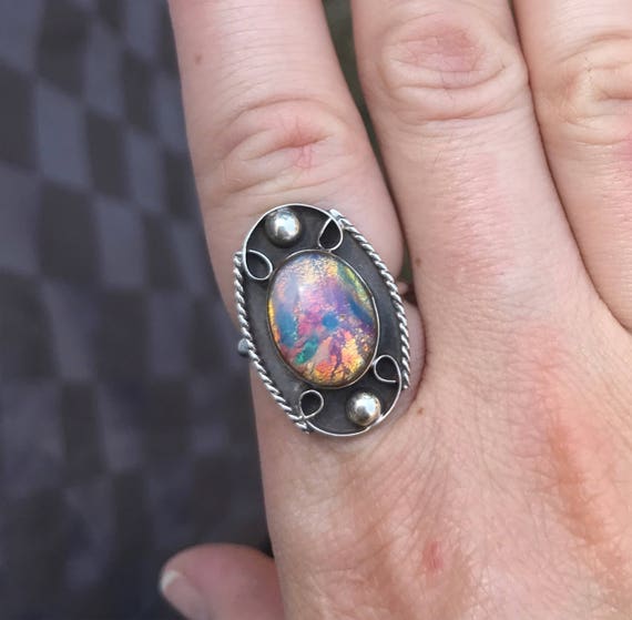 Sterling Silver Antique Created Opal Ring, Vintag… - image 2