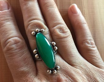 Vintage Statement Ring, Sterling Silver Green Agate Ring, Southwestern Jewelry
