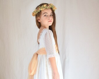 knee length dresses for ladies Olivia First Communion Dress – Linen Plumeti with Lace 10 / Off-White / Linen