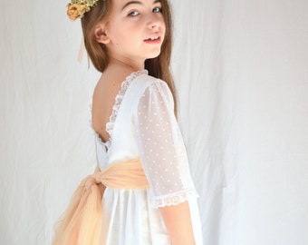 White linen first holy communion dress, Flower girl dress