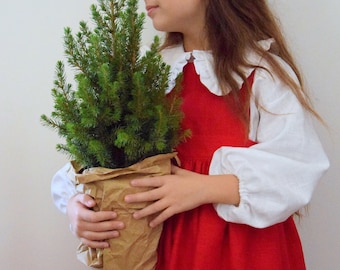 Red linen pinafore dress girl, Christmas girl outfit